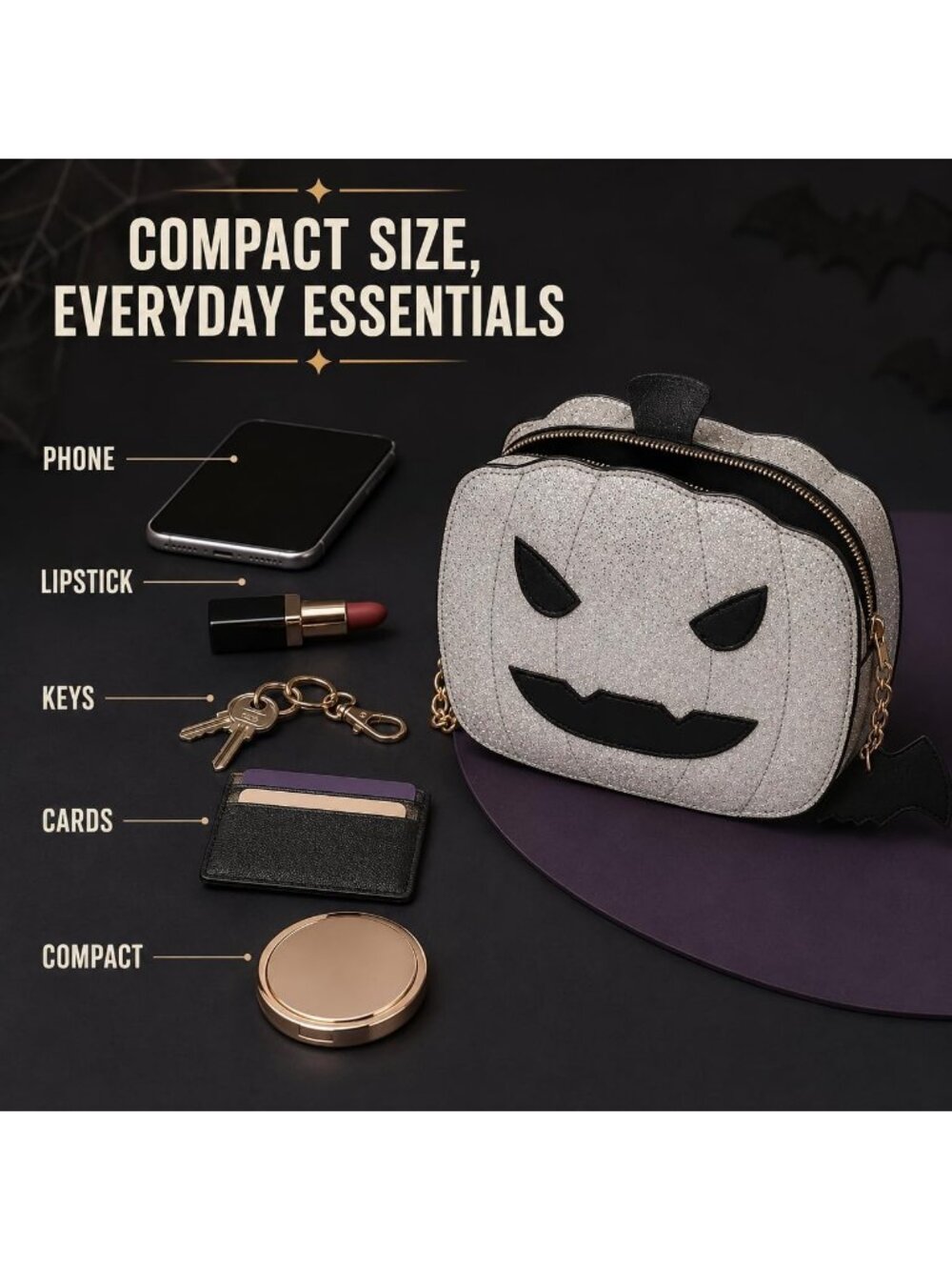 Women's Pumpkin Halloween Gothic Pumpkin Coffin Skull Bat Purse Crossbody Bag - Picture 4 of 7